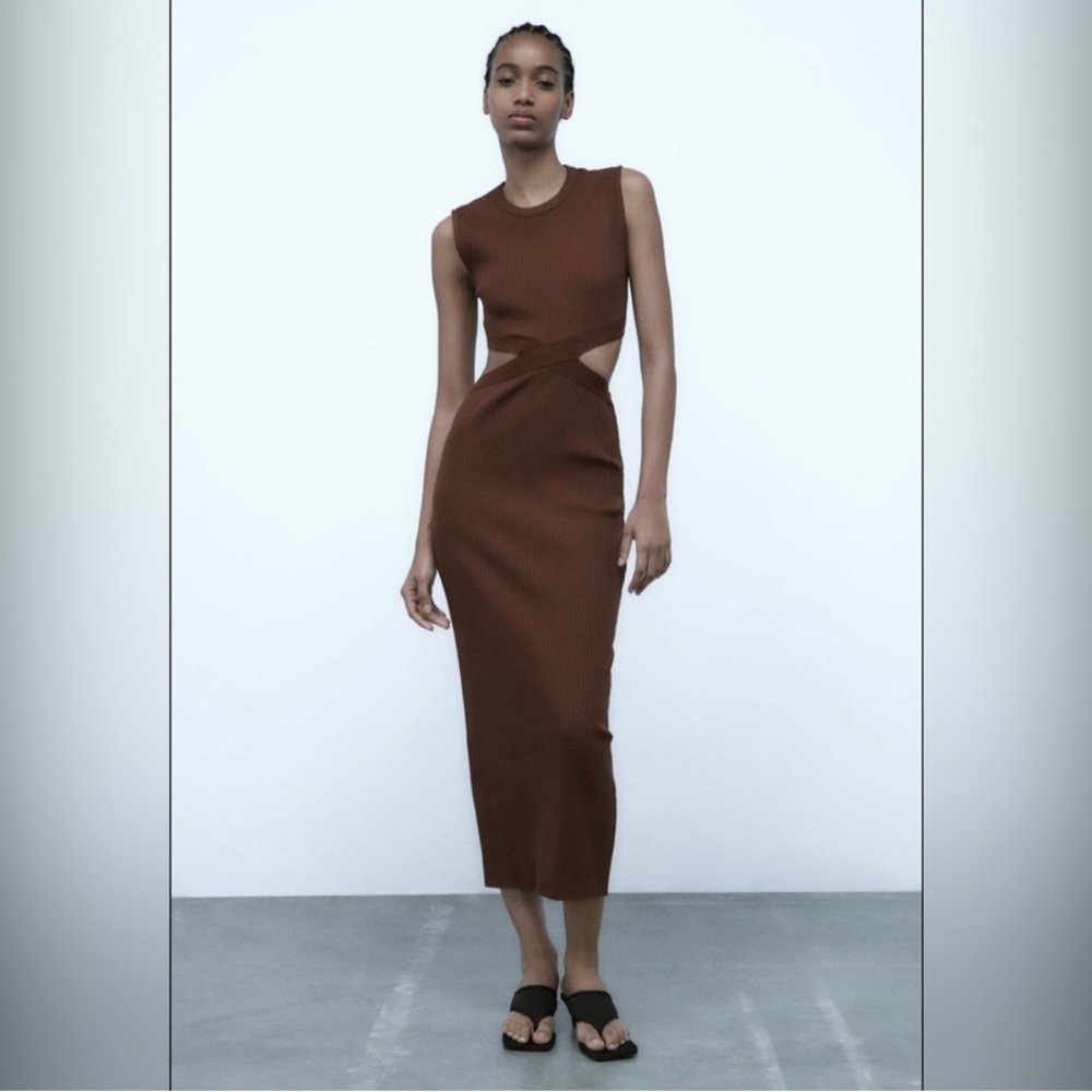 NWT Zara RIBBED CUT OUT DRESS Brown
